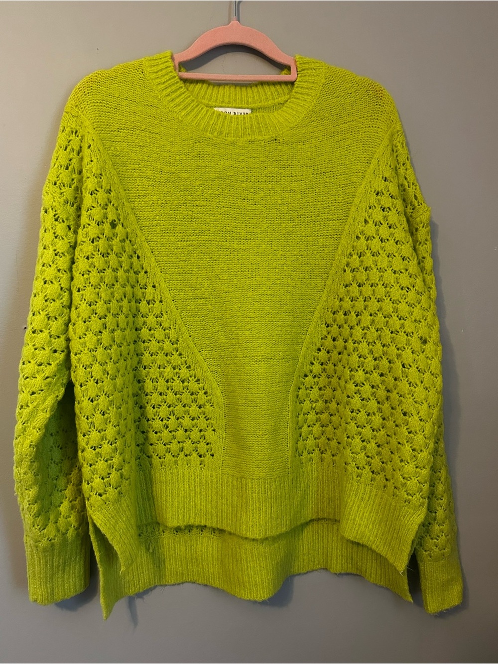Moon River Sweater Womens M Neon Green Chartreuse Crochet Sleeve Knit Pullover